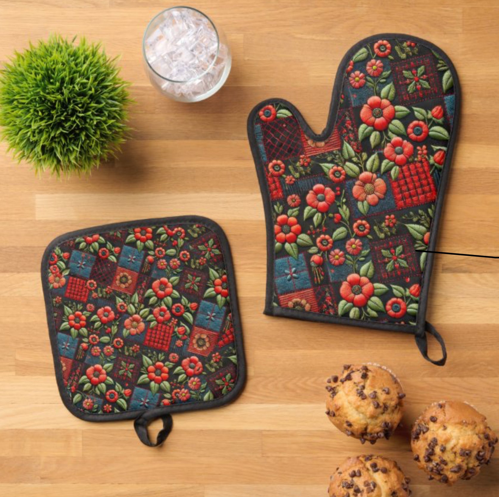 Apron/oven mitts set “Floral”